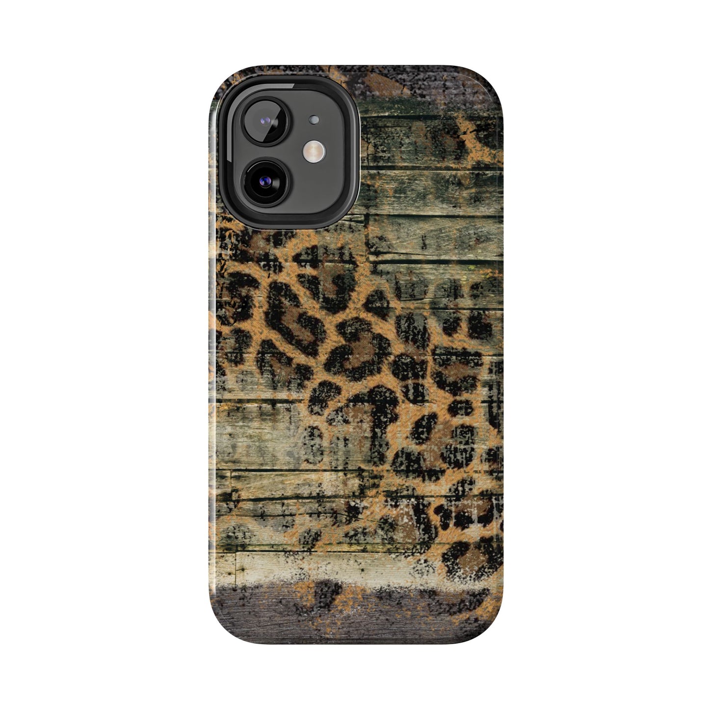 Rustic Wood and Leopard Print Tough iPhone Case – Distressed Western Design with Dual-Layer Protection