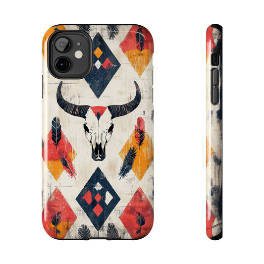 Western Bull Skull & Feathers Tough iPhone Case – Bold Tribal Design, Dual - Layer Protection - BOGO Cases