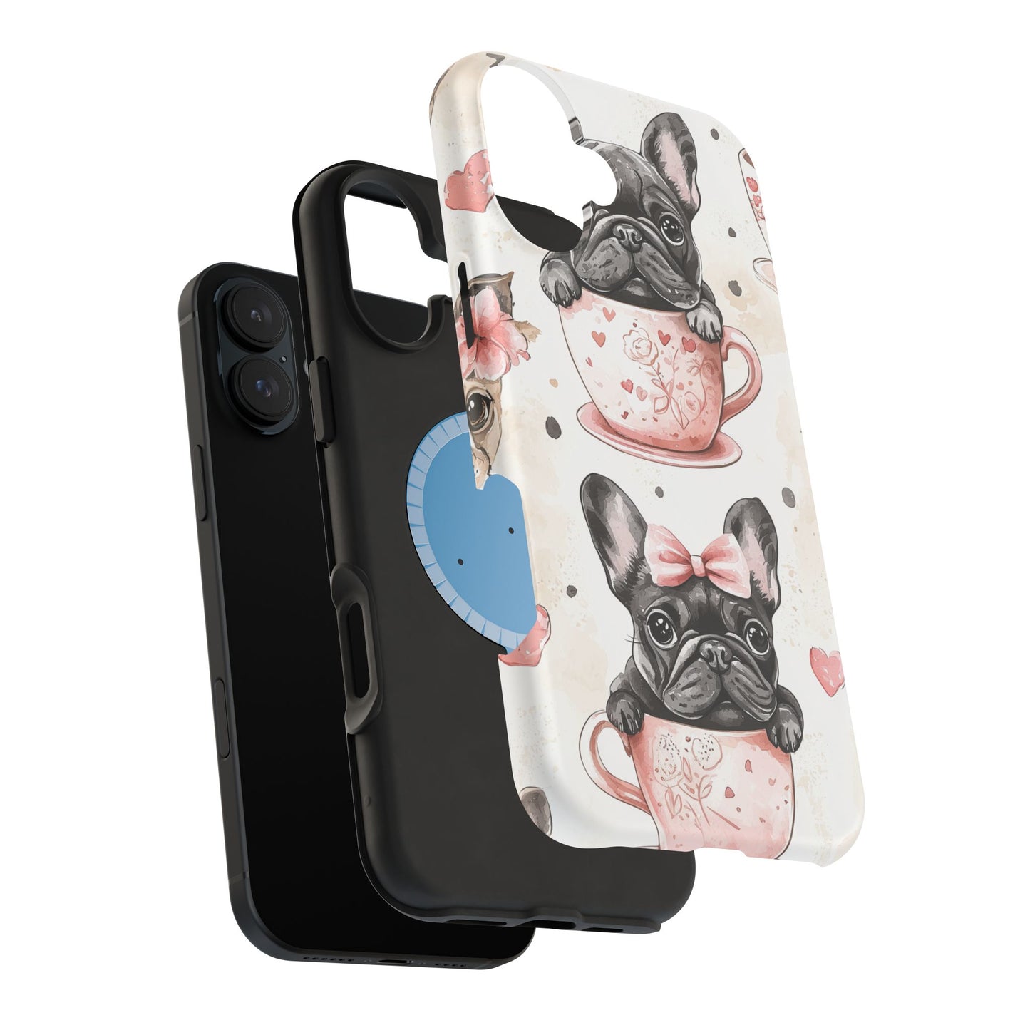 French Bulldogs in Teacups MagSafe iPhone Case – Cute Dog Design with Hearts & Bows, Shockproof & Slim