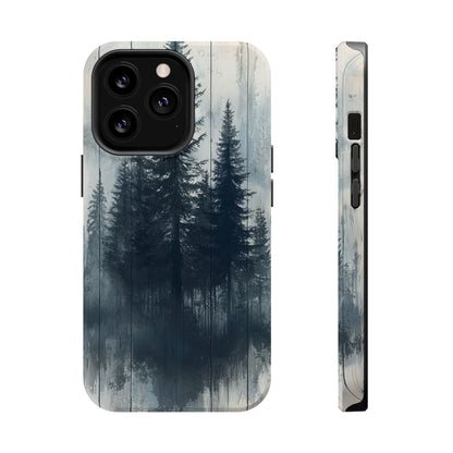 Rustic Pine Forest MagSafe iPhone Case - Blue Toned Woodland Design