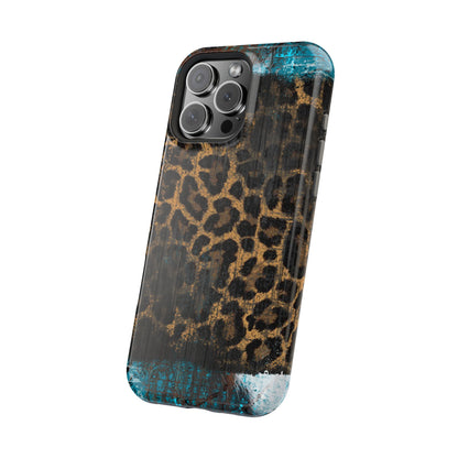 Boho Leopard and Turquoise Tough MagSafe iPhone Case – Rustic Western Design with Dual-Layer Protection