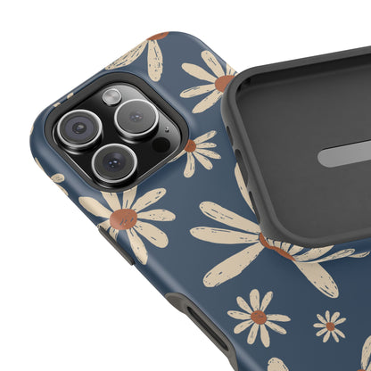 Vintage Daisies MagSafe iPhone Case – Navy Blue Floral Design, Scratch-Resistant with Shock-Absorbing Bumper