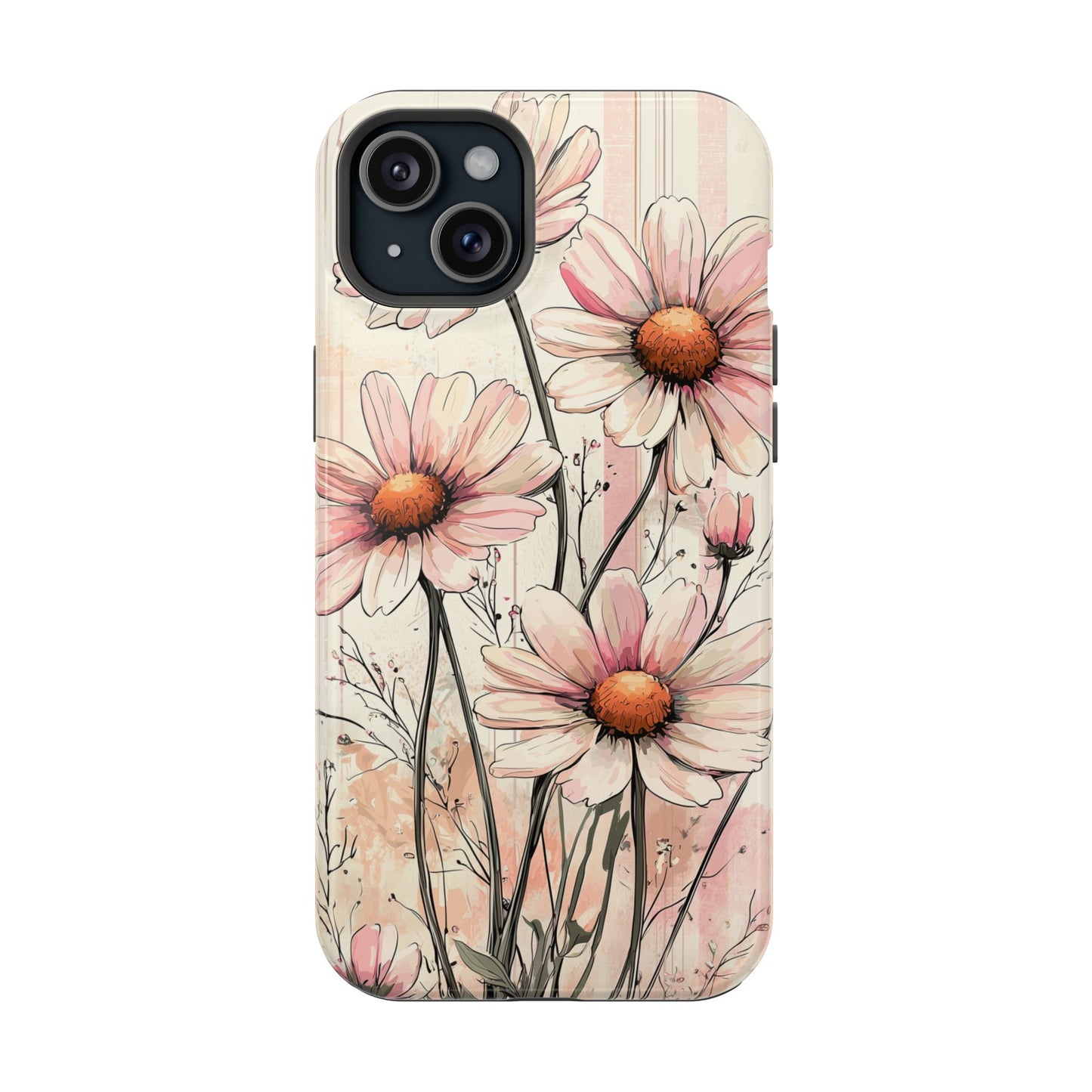 Pastel Pink Daisy MagSafe iPhone Case - Elegant Floral Plaid Protective Cover