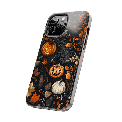 Elegant Halloween iPhone Case – Pumpkin Jack-o'-Lanterns, Cobwebs & Autumn Foliage Design