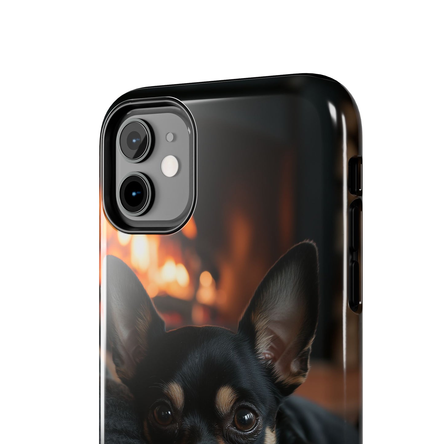 Cozy Chihuahua Fireplace iPhone Case – Warm and Stylish Design