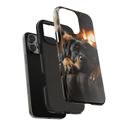 Cozy Rottweiler by the Fireplace iPhone Case – Warm Rustic Design