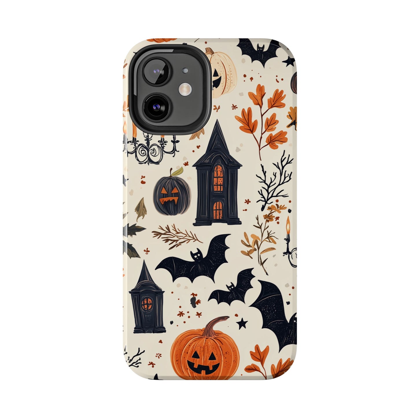 Haunted Halloween iPhone Case – Haunted House, Bats, and Pumpkins Design