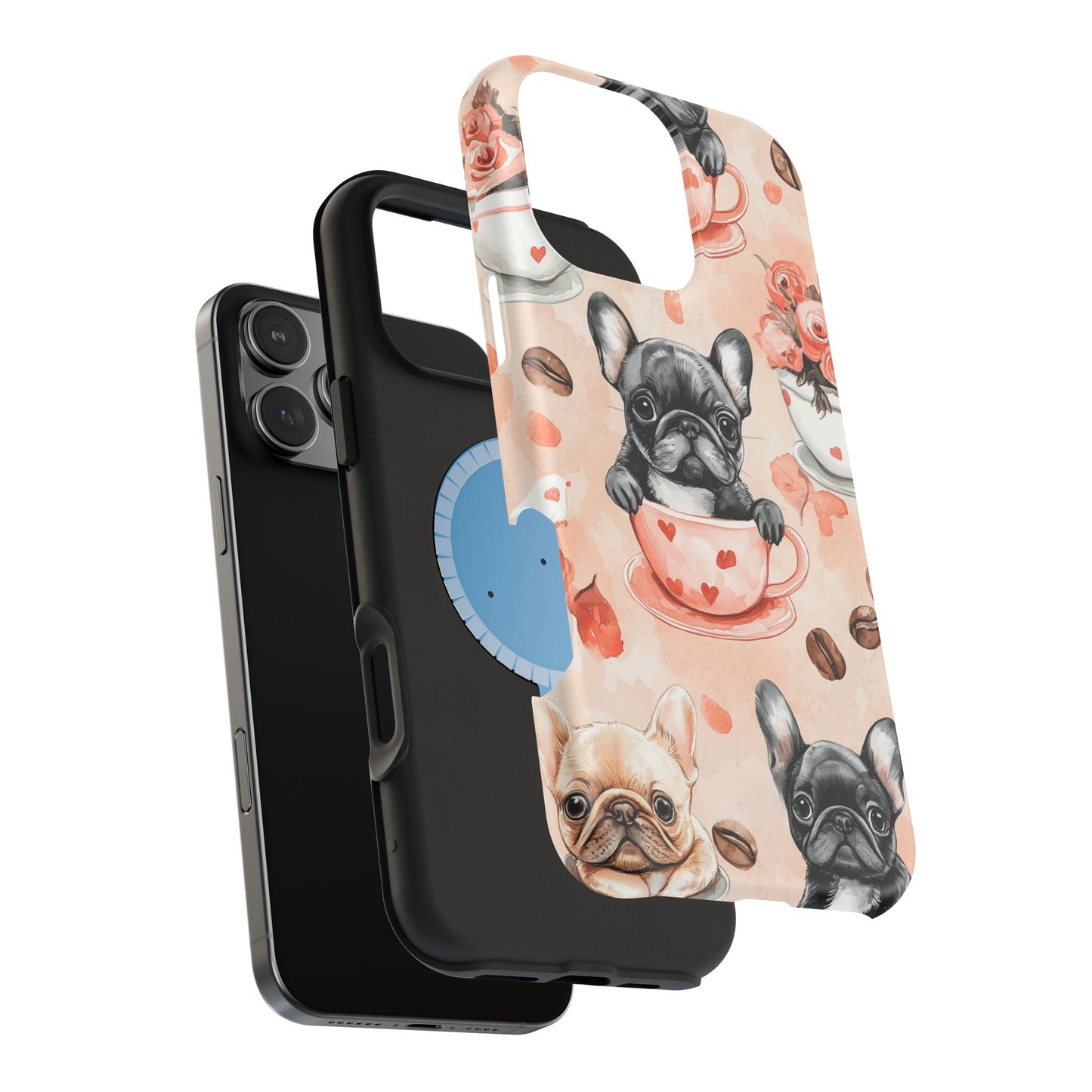 French Bulldogs in Heart Teacups MagSafe iPhone Case – Cute Dog & Floral Design, Shockproof Protection