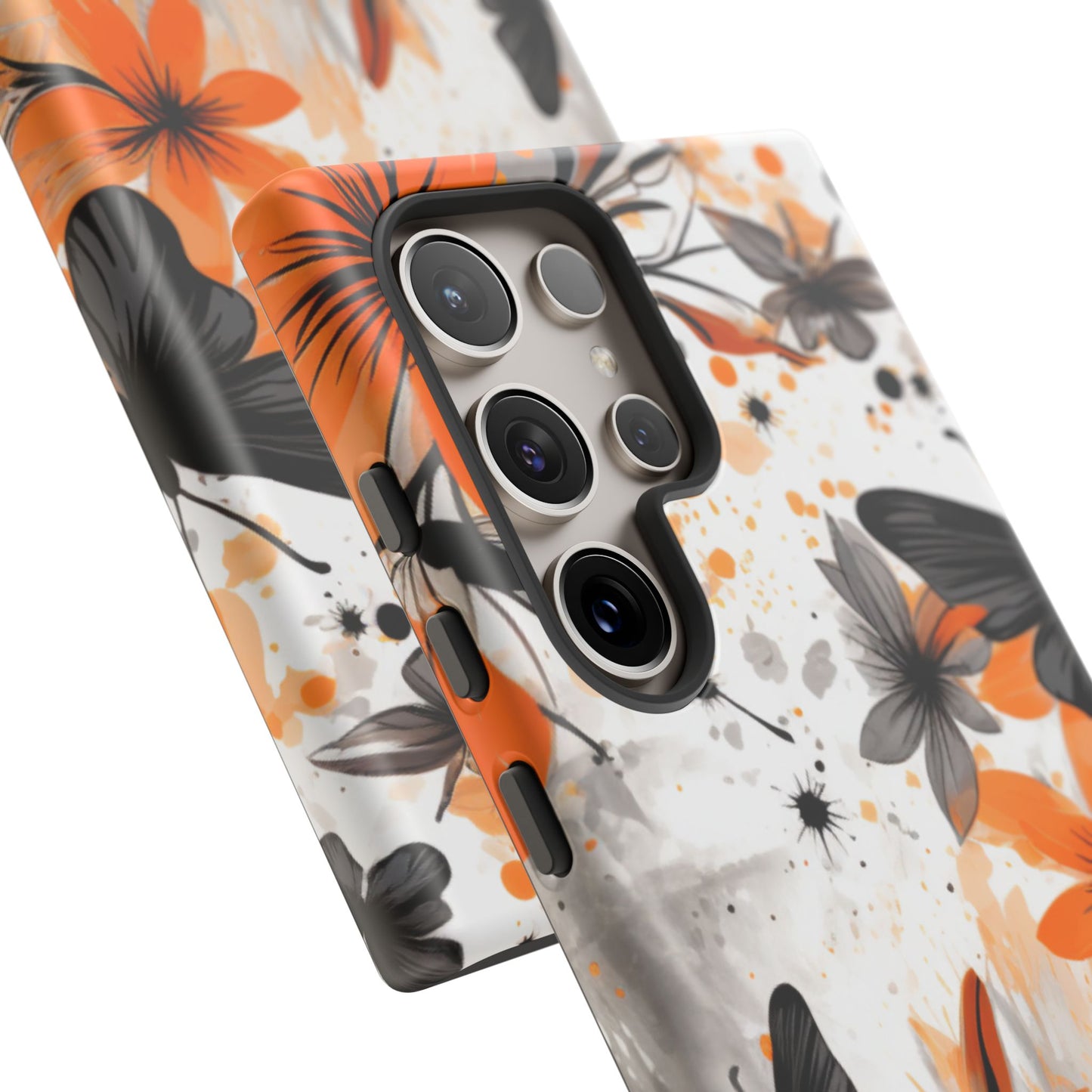 Orange Blossom & Black Butterfly Samsung Galaxy Case – Bold Floral Pattern with Modern Abstract Style