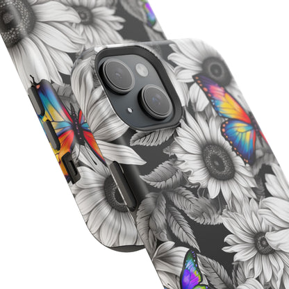 Rainbow Butterflies & Monochrome Sunflowers – MagSafe iPhone Case