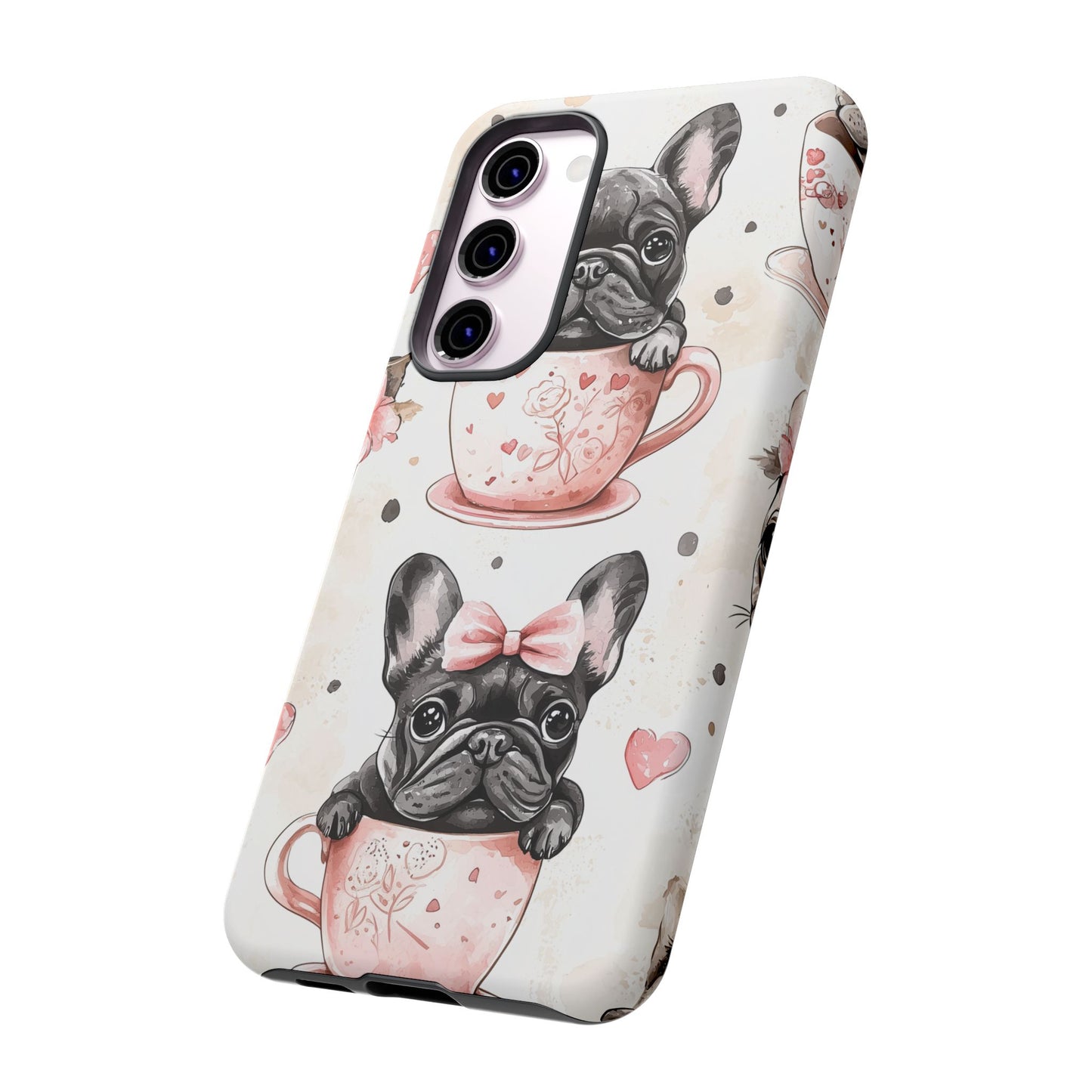 French Bulldogs in Teacups Samsung Galaxy Case – Cute Dog Design with Hearts & Bows, Shockproof & Slim