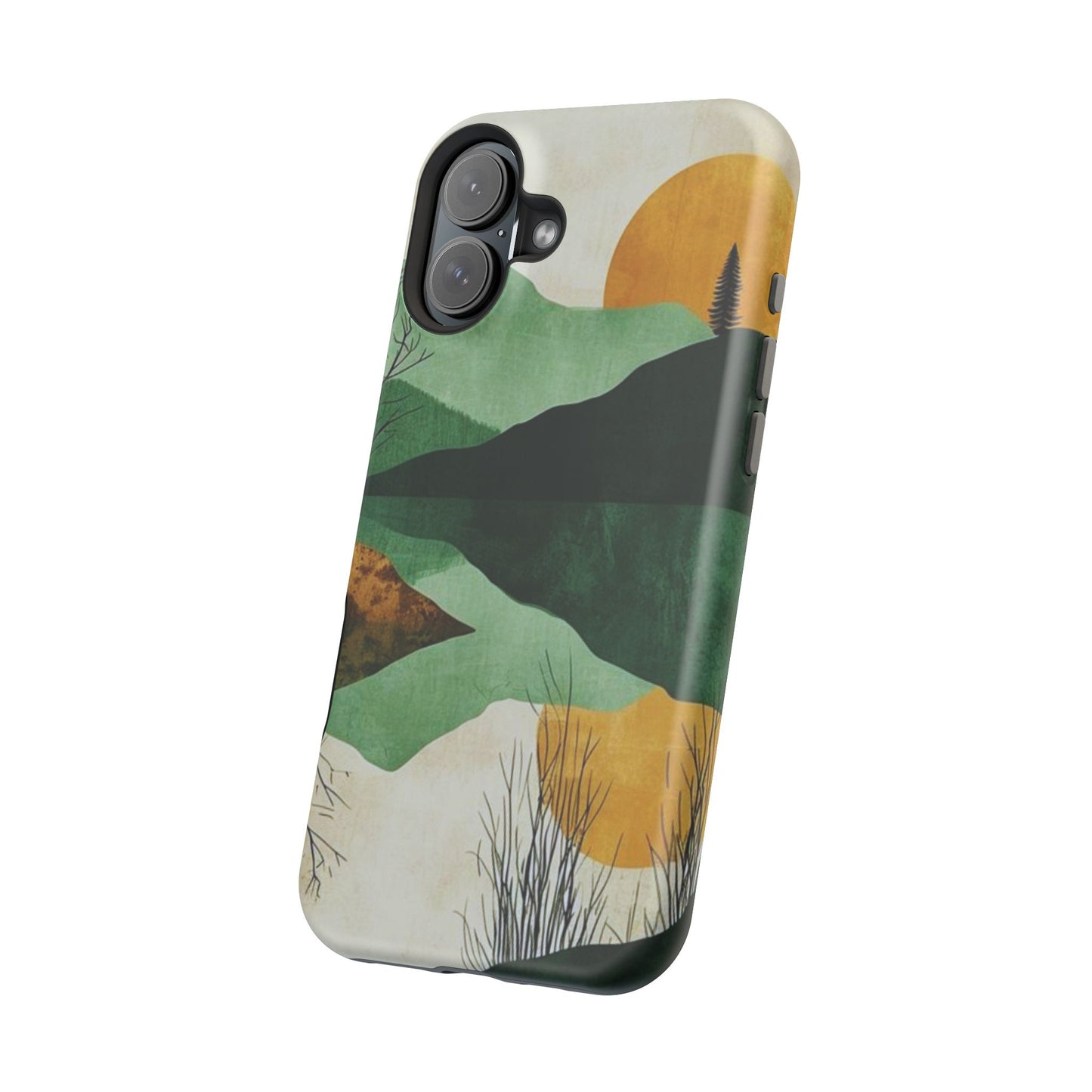 Retro Mountain Sunrise MagSafe iPhone Case – Minimalist Landscape Design, Dual-Layer Protection