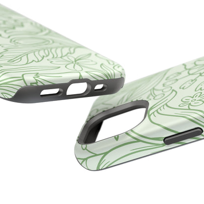 Sage Green Floral Line Art Tough MagSafe iPhone Case – Minimalist Botanical Design with Dual-Layer Protection