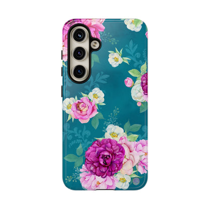 Elegant Peony Bouquet Samsung Galaxy Case – Deep Teal Background with Romantic Floral Design