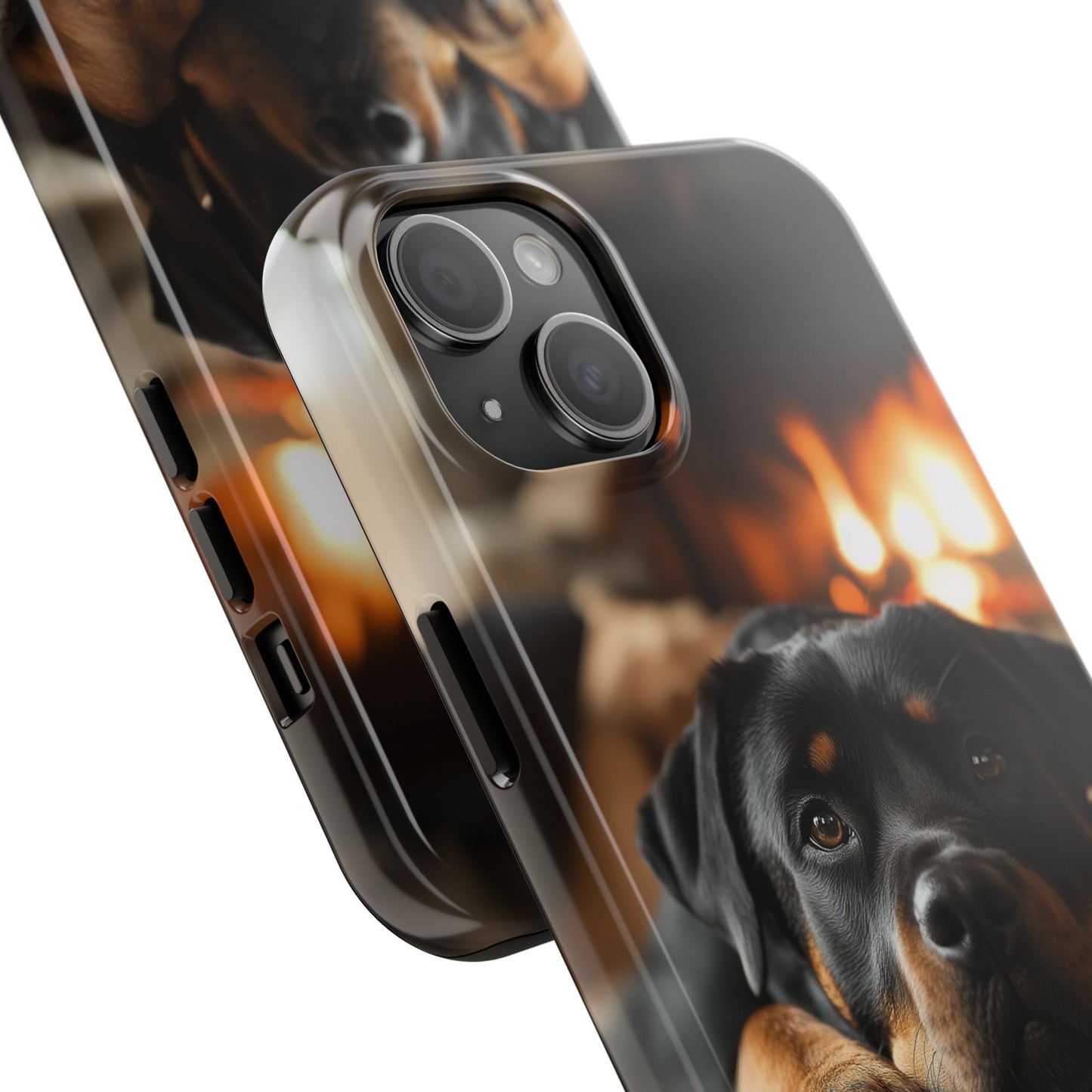 Cozy Rottweiler by the Fireplace iPhone Case – Warm Rustic Design