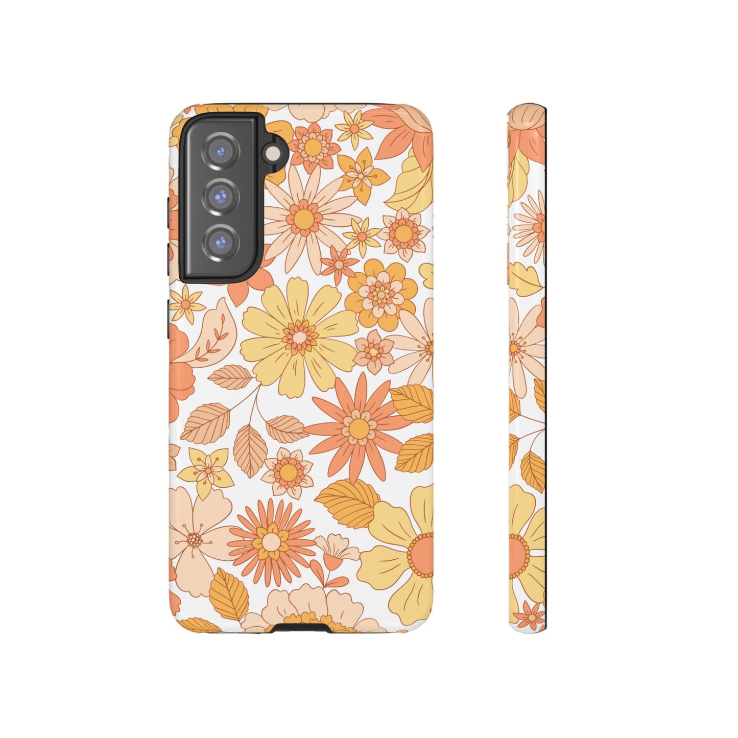 Vintage Floral Bloom Samsung Galaxy Case – Warm Orange & Yellow Retro Flower Design with Matte Finish