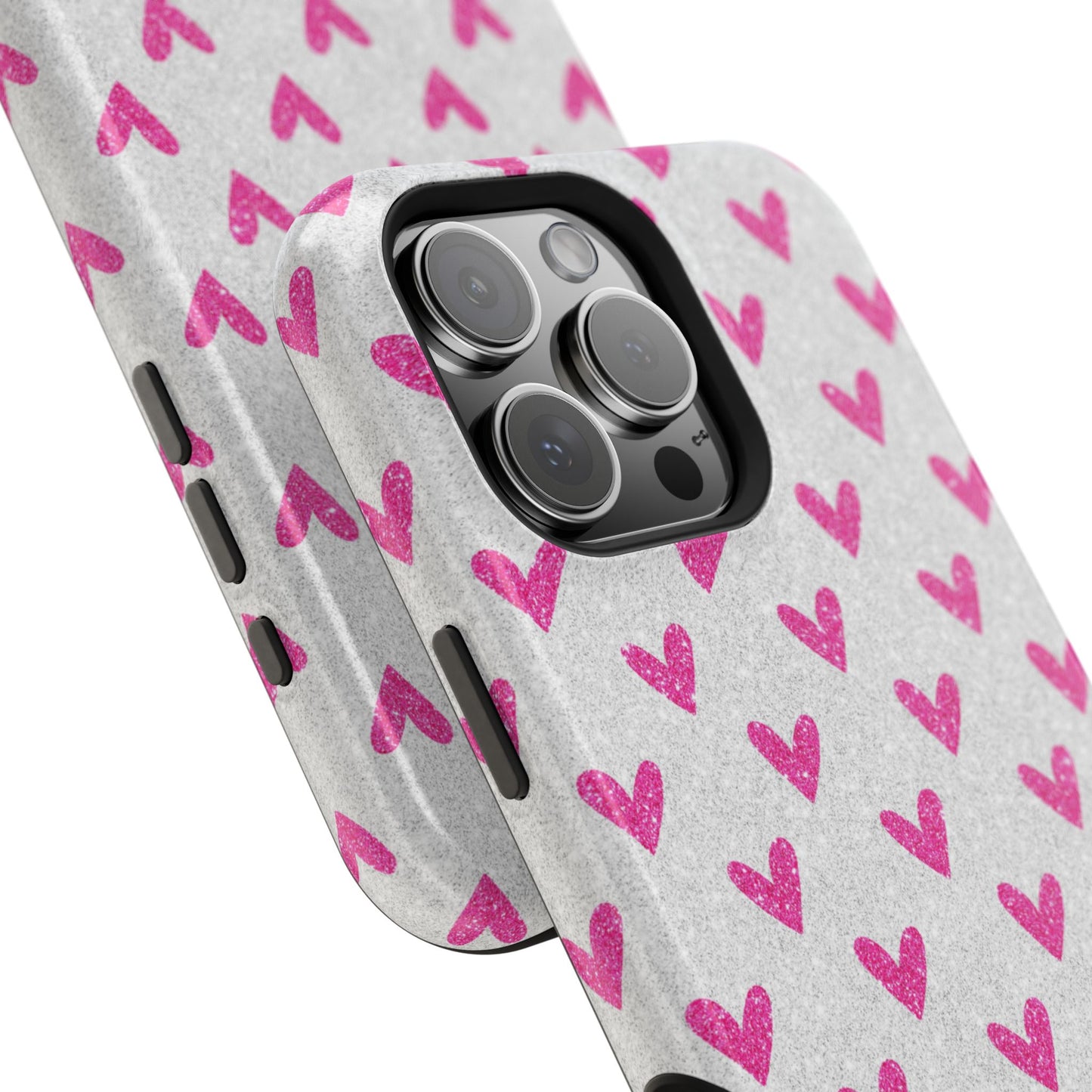 Pink Hearts on Glitter Silver – MagSafe iPhone Case