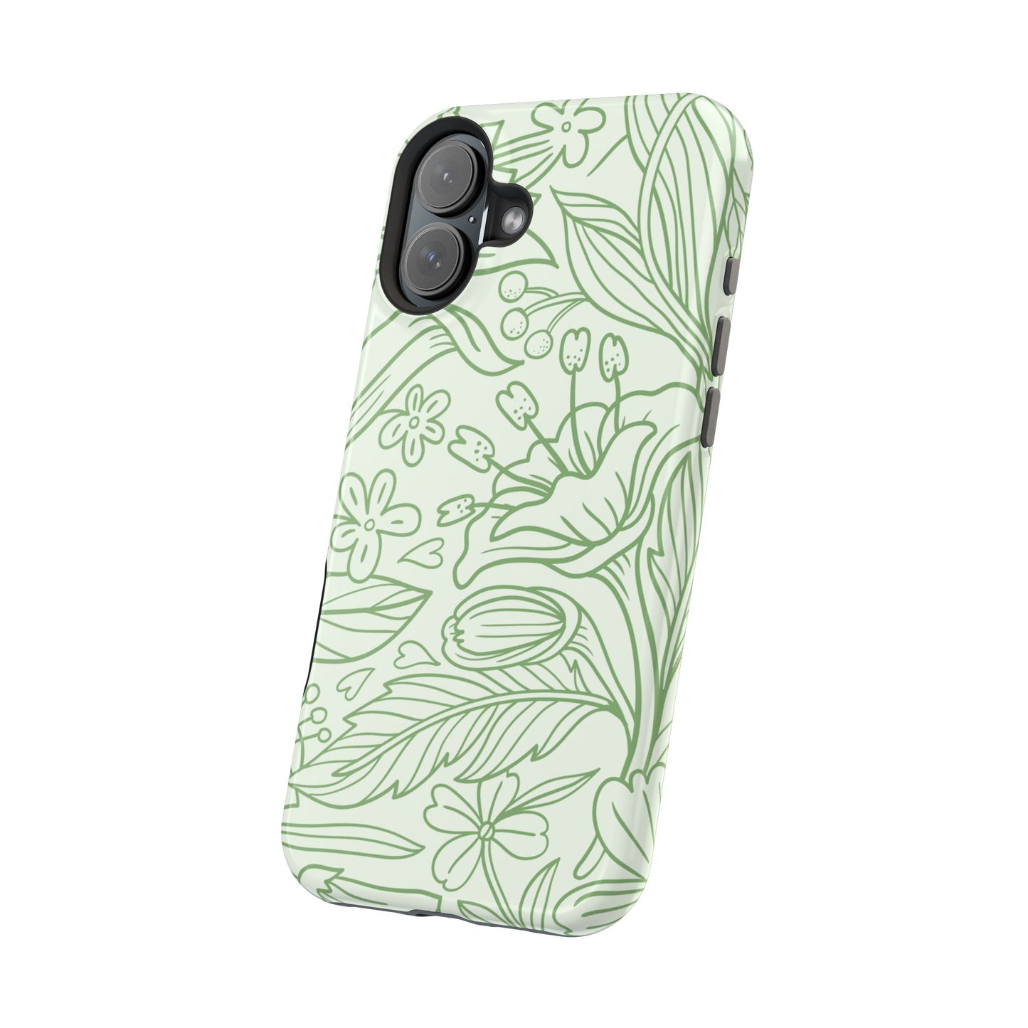 Sage Green Floral Line Art Tough MagSafe iPhone Case – Minimalist Botanical Design with Dual-Layer Protection