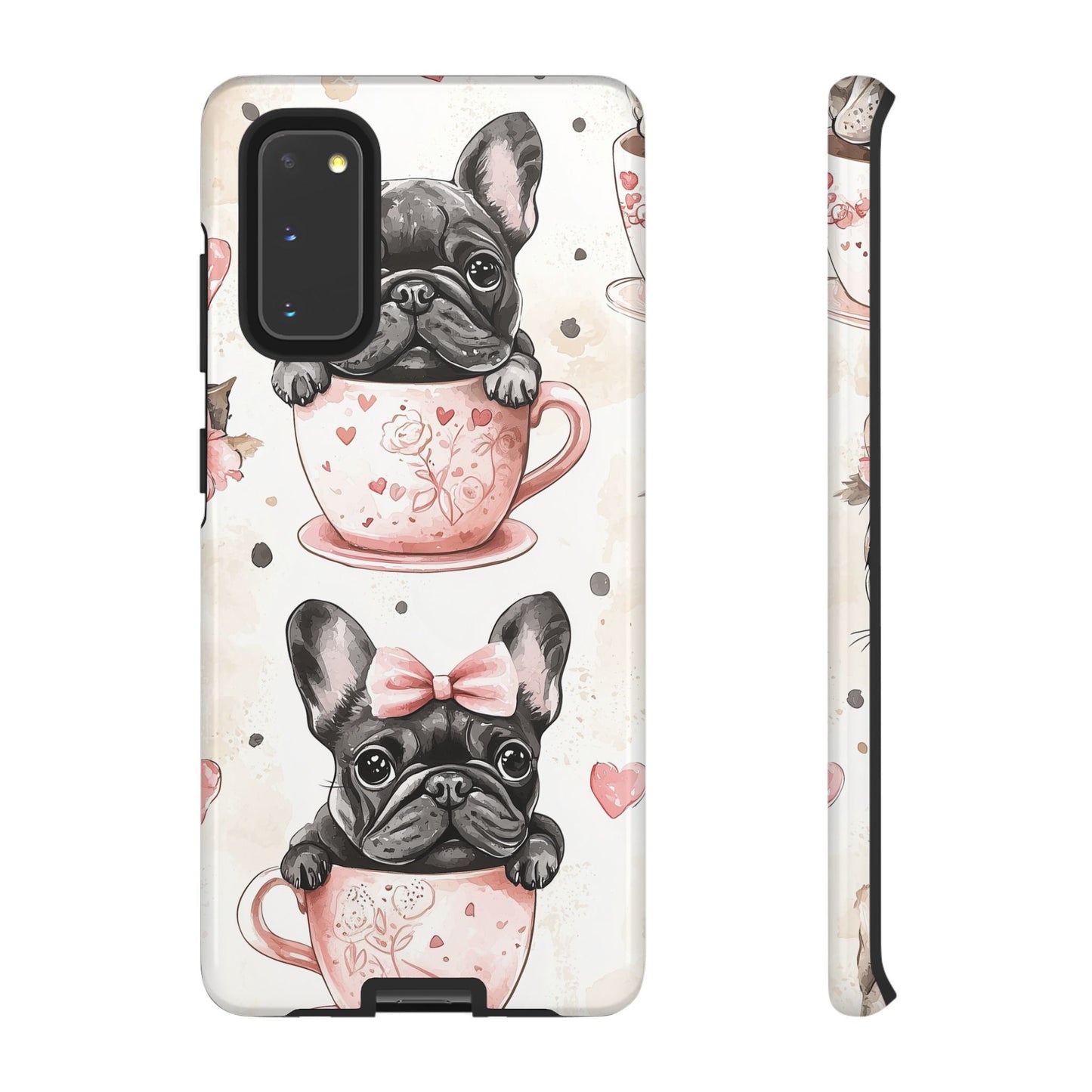 French Bulldogs in Teacups Samsung Galaxy Case – Cute Dog Design with Hearts & Bows, Shockproof & Slim