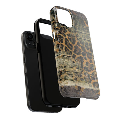 Rustic Wood and Leopard Print Tough iPhone Case – Distressed Western Design with Dual-Layer Protection