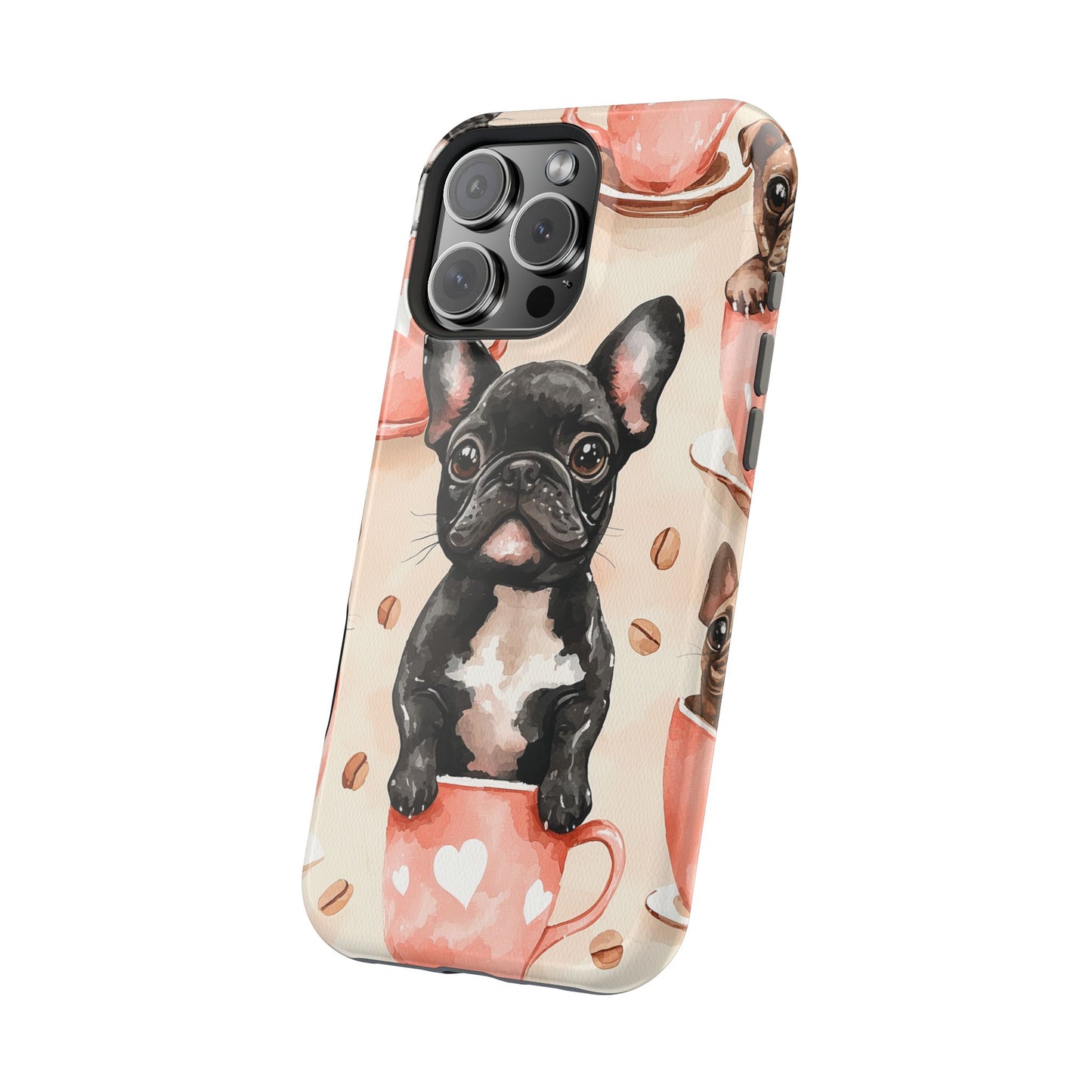 French Bulldogs in Coffee Cup MagSafe iPhone Case – Cute Dog Art, Shockproof & Slim Design