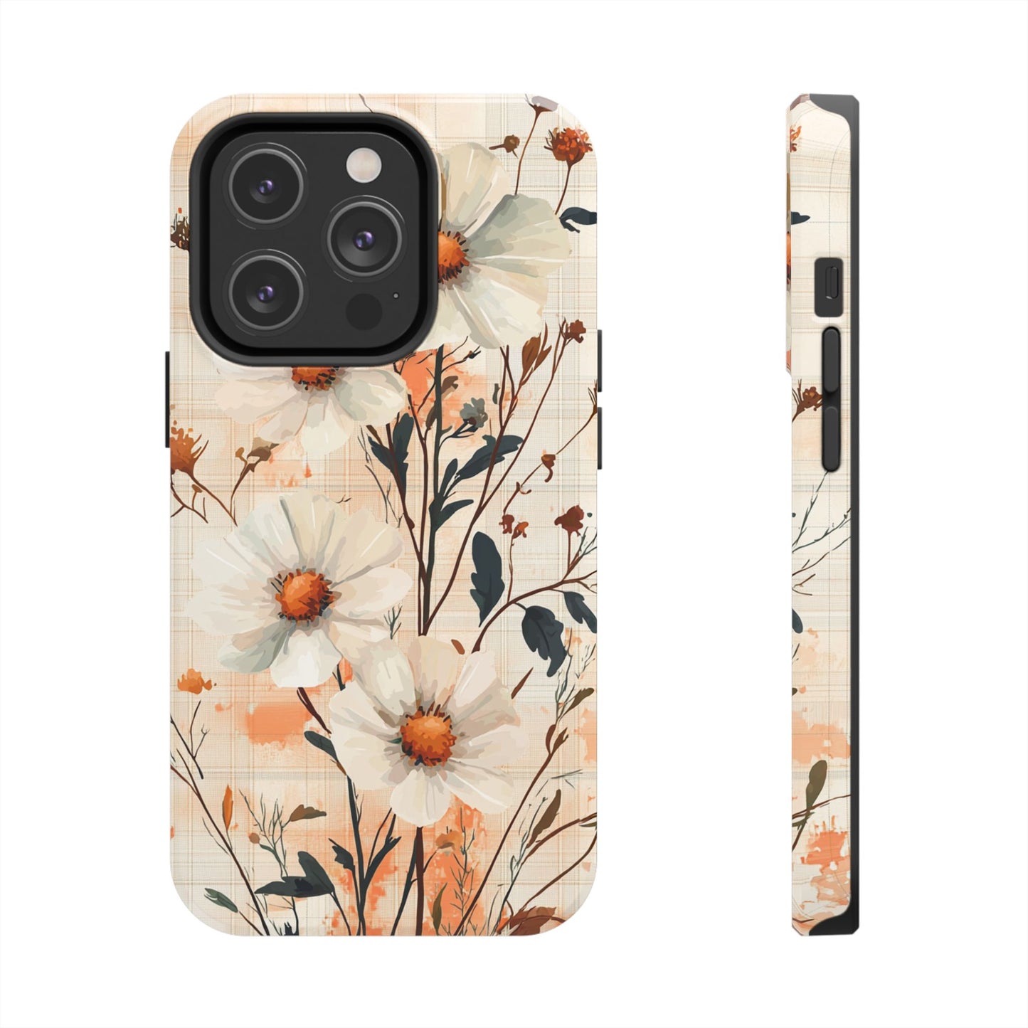 Pastel Orange Floral iPhone Case - Elegant Plaid Protective Cover