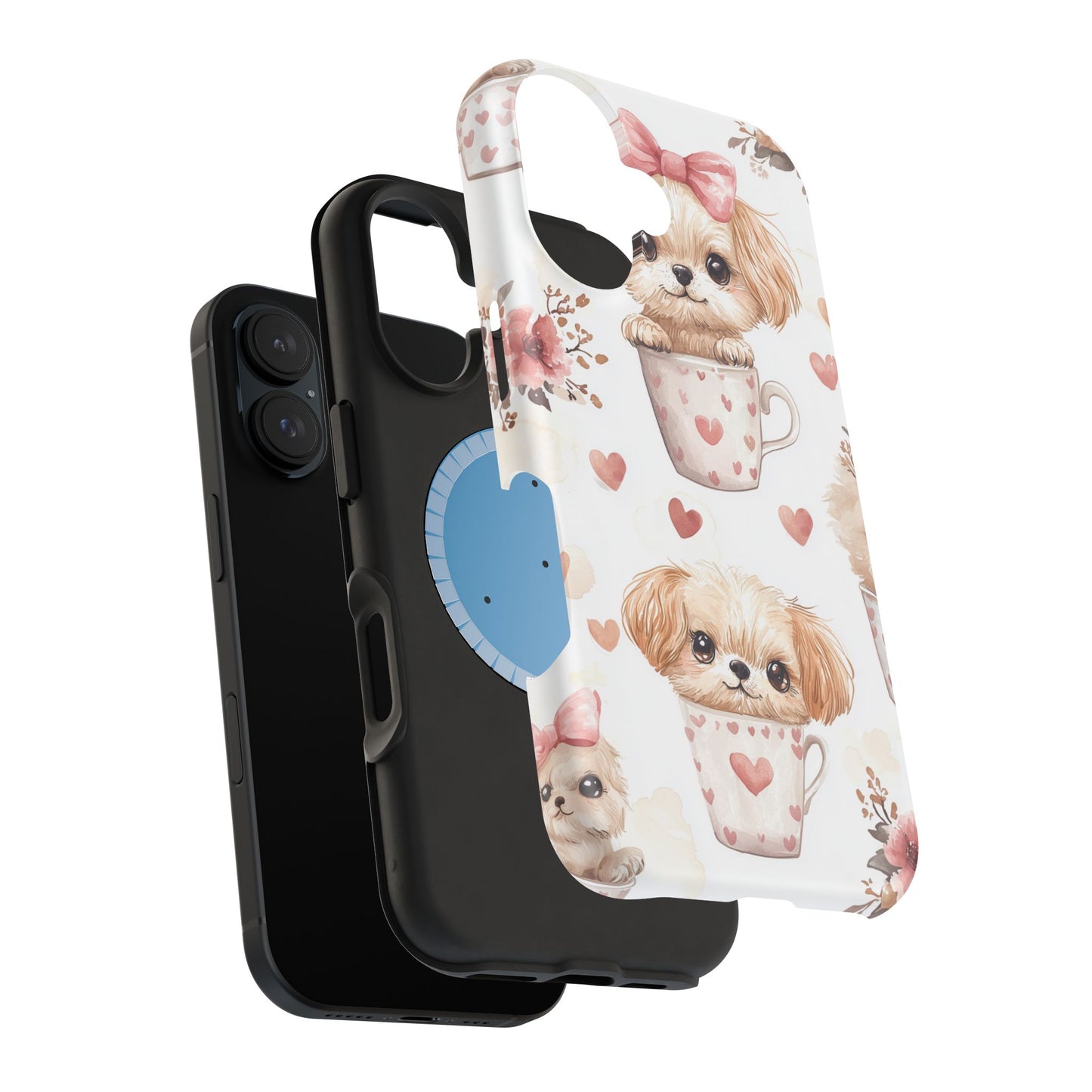 Cute Puppies in Heart MagSafe iPhone Case – Adorable Dog & Floral Design, Shockproof & Slim