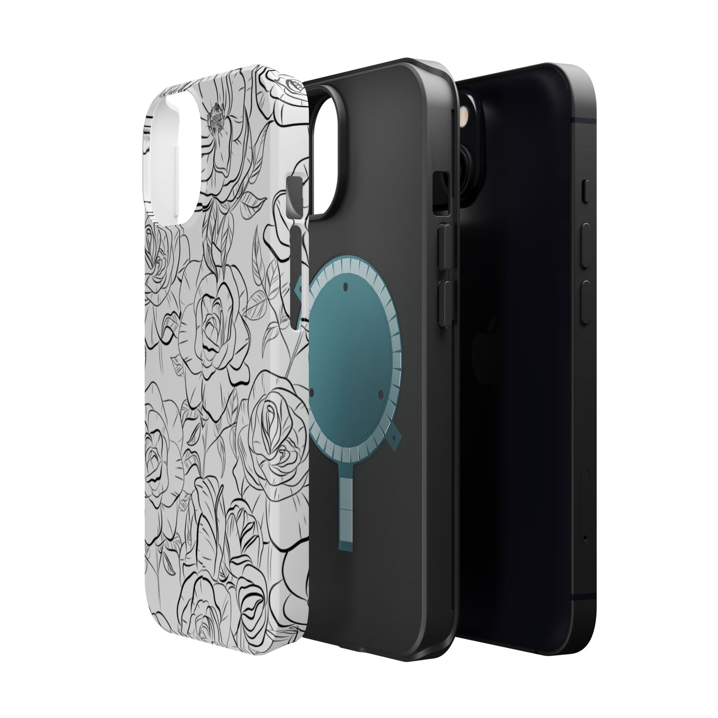 Monochrome Rose Garden Tough MagSafe iPhone Case – Elegant Floral Line Art with Dual-Layer Protection