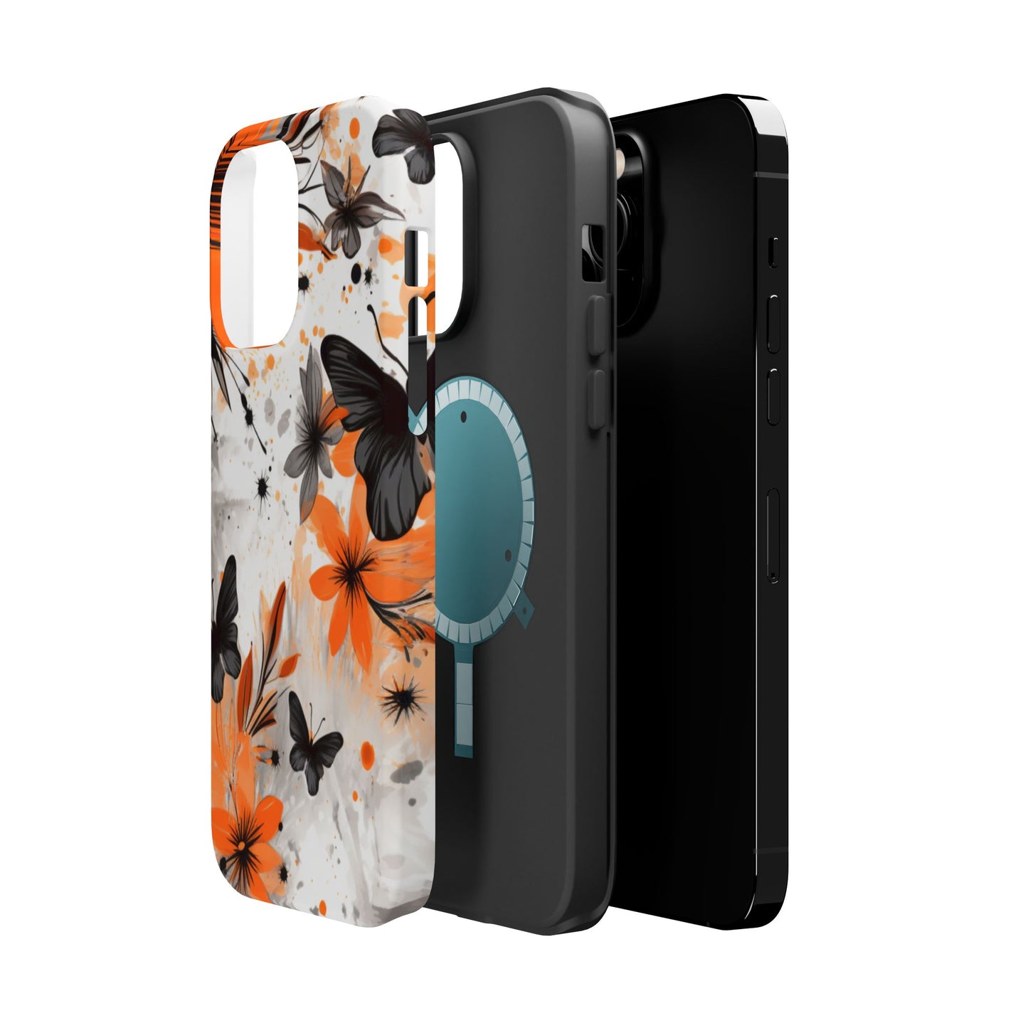 Orange Blossom & Black Butterfly MagSafe iPhone Case – Bold Floral Pattern with Modern Abstract Style