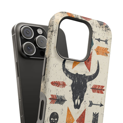 Tribal Bull Skull & Arrows Tough MagSafe iPhone Case – Rustic Western Design, Dual-Layer Protection