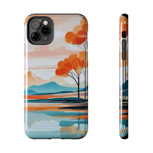 Serene Sunset Lake iPhone Case – Minimalist Landscape Art, Dual-Layer Protection