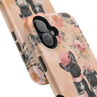 Floral French Bulldogs MagSafe iPhone Case – Elegant Dog Design with Tea Cups & Roses, Shockproof Protection