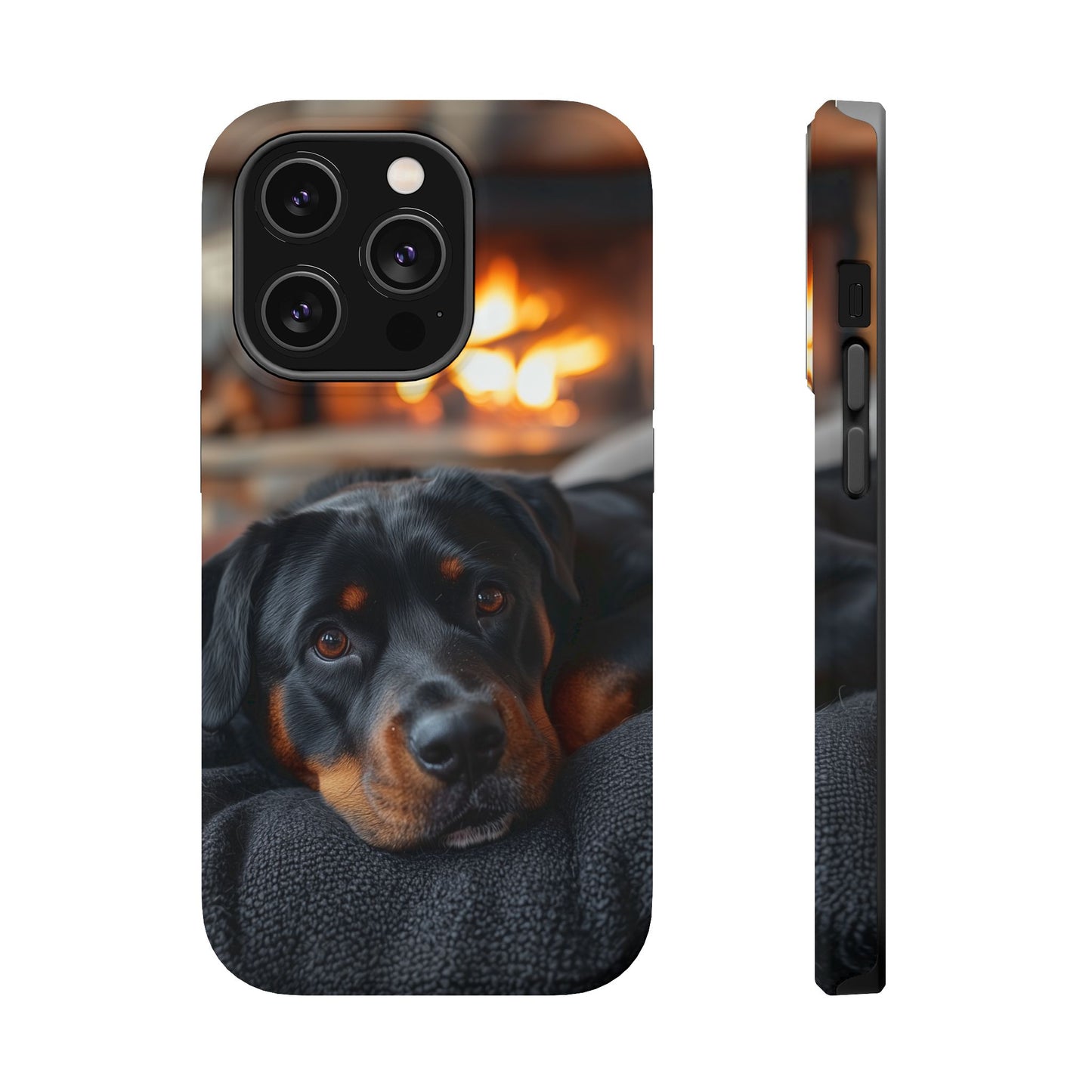 Charming Rottweiler by the Fireplace MagSafe iPhone Case – Cozy & Functional Design