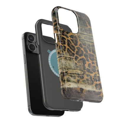 Rustic Wood and Leopard Print Tough MagSafe iPhone Case – Distressed Western Design with Dual-Layer Protection