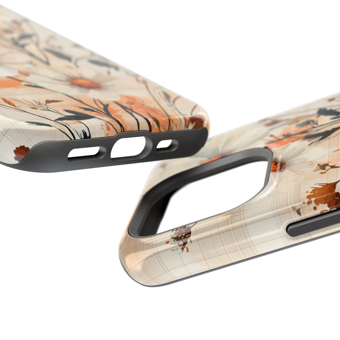 Pastel Orange Floral MagSafe iPhone Case - Elegant Plaid Protective Cover