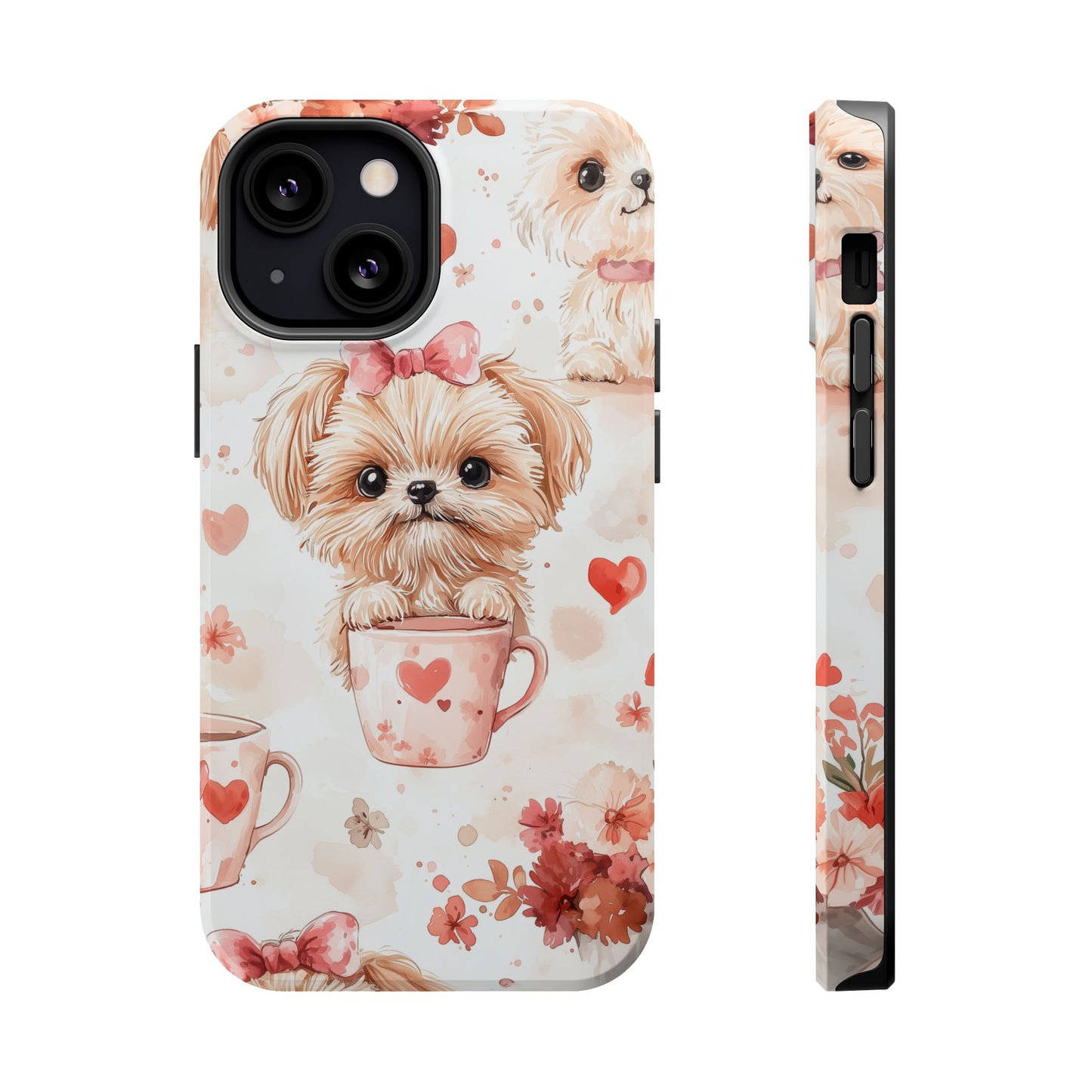 Puppies & Heart Mugs MagSafe iPhone Case – Sweet Dog & Floral Design, Shockproof & Slim