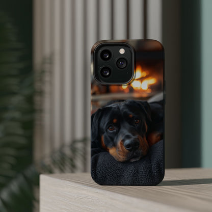 Charming Rottweiler by the Fireplace MagSafe iPhone Case – Cozy & Functional Design