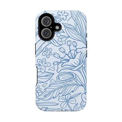 Dusty Blue Floral Line Art Tough MagSafe iPhone Case – Minimalist Botanical Design with Dual-Layer Protection