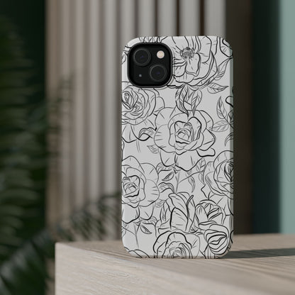 Monochrome Rose Garden Tough MagSafe iPhone Case – Elegant Floral Line Art with Dual-Layer Protection