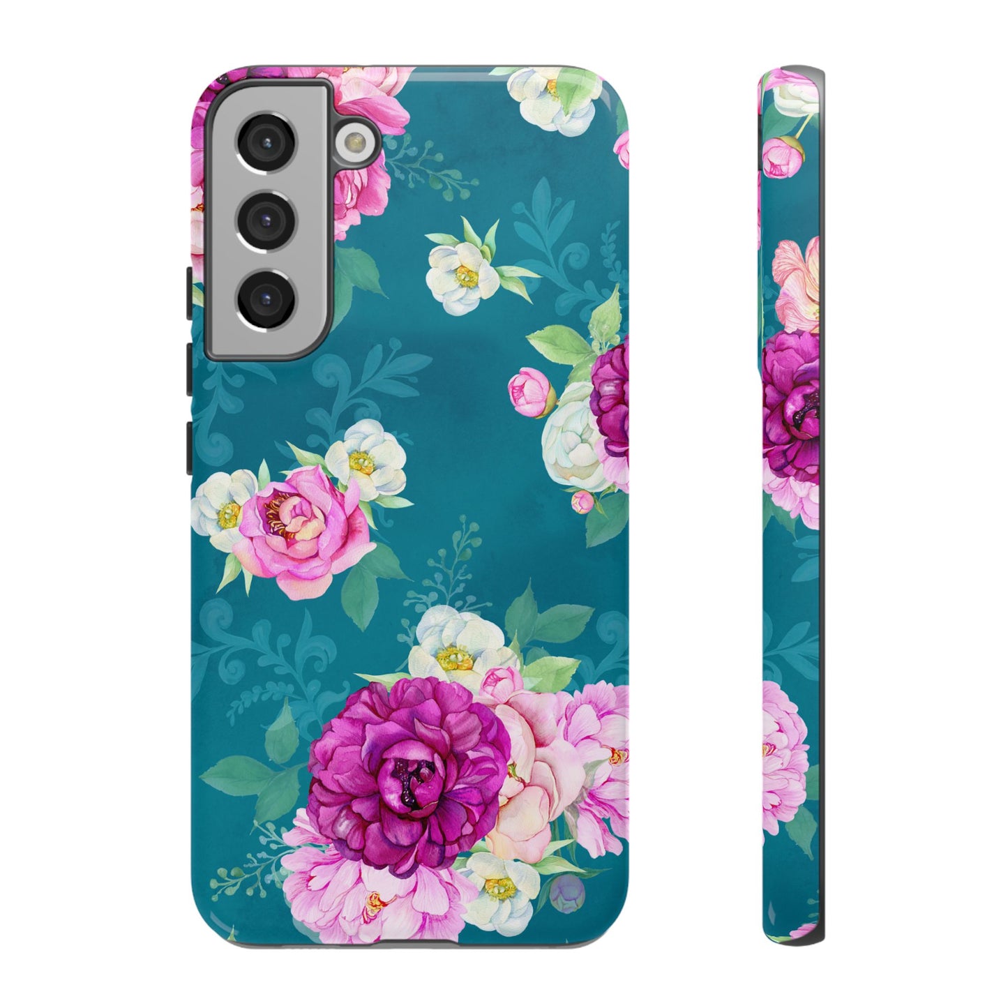 Elegant Peony Bouquet Samsung Galaxy Case – Deep Teal Background with Romantic Floral Design