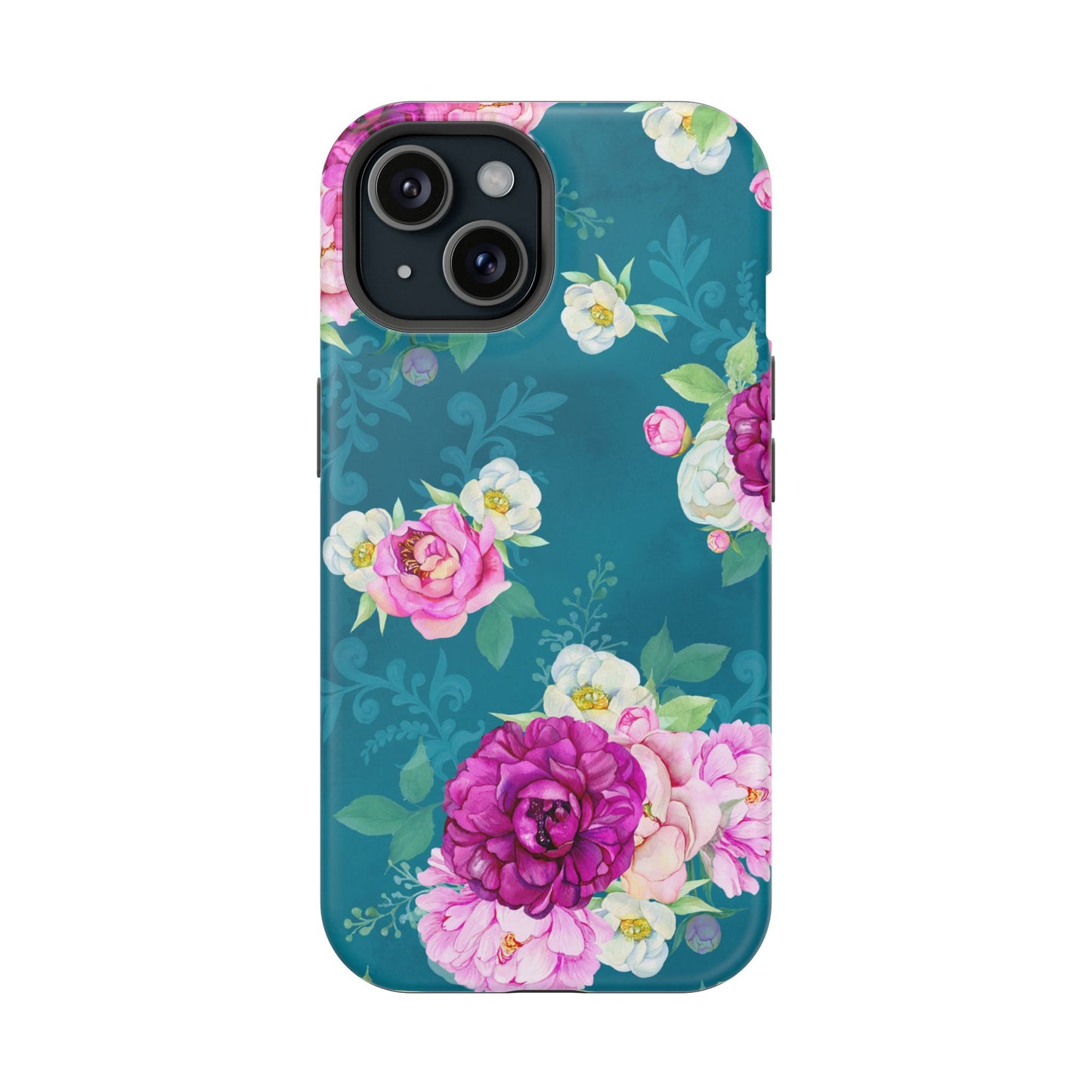 Elegant Peony Bouquet MagSafe iPhone Case – Deep Teal Background with Romantic Floral Design