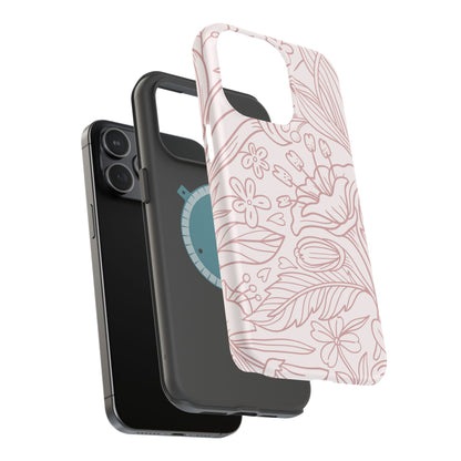 Blush Floral Line Art Tough MagSafe iPhone Case – Delicate Minimalist Design with Dual-Layer Protection