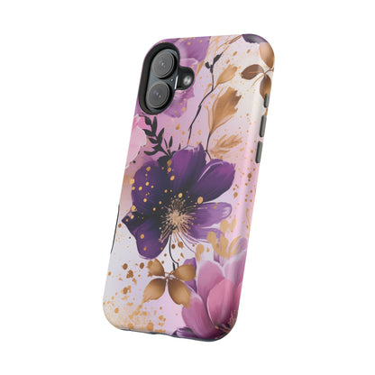 Elegant Purple & Gold Floral MagSafe iPhone Case - Luxe Flower Design