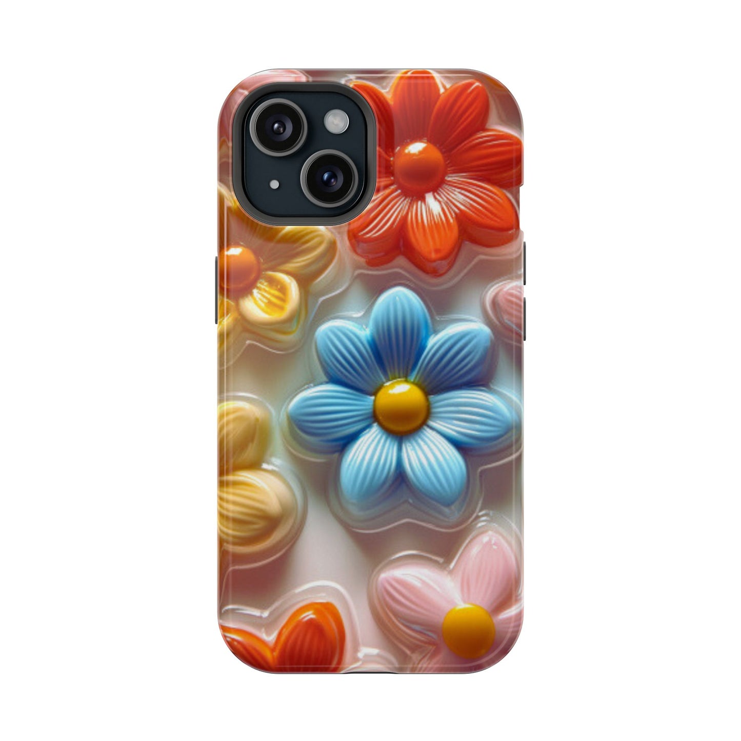 Glossy Retro Flower MagSafe iPhone Case – Colorful 3D Floral Design, Durable Protection