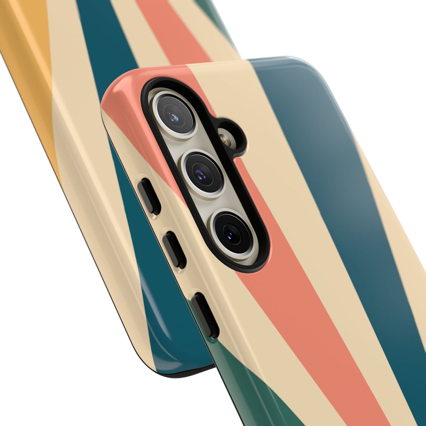 Retro Sunbeam Samsung Galaxy Case – 70s-Inspired Radiating Stripes in Coral, Teal, and Mustard