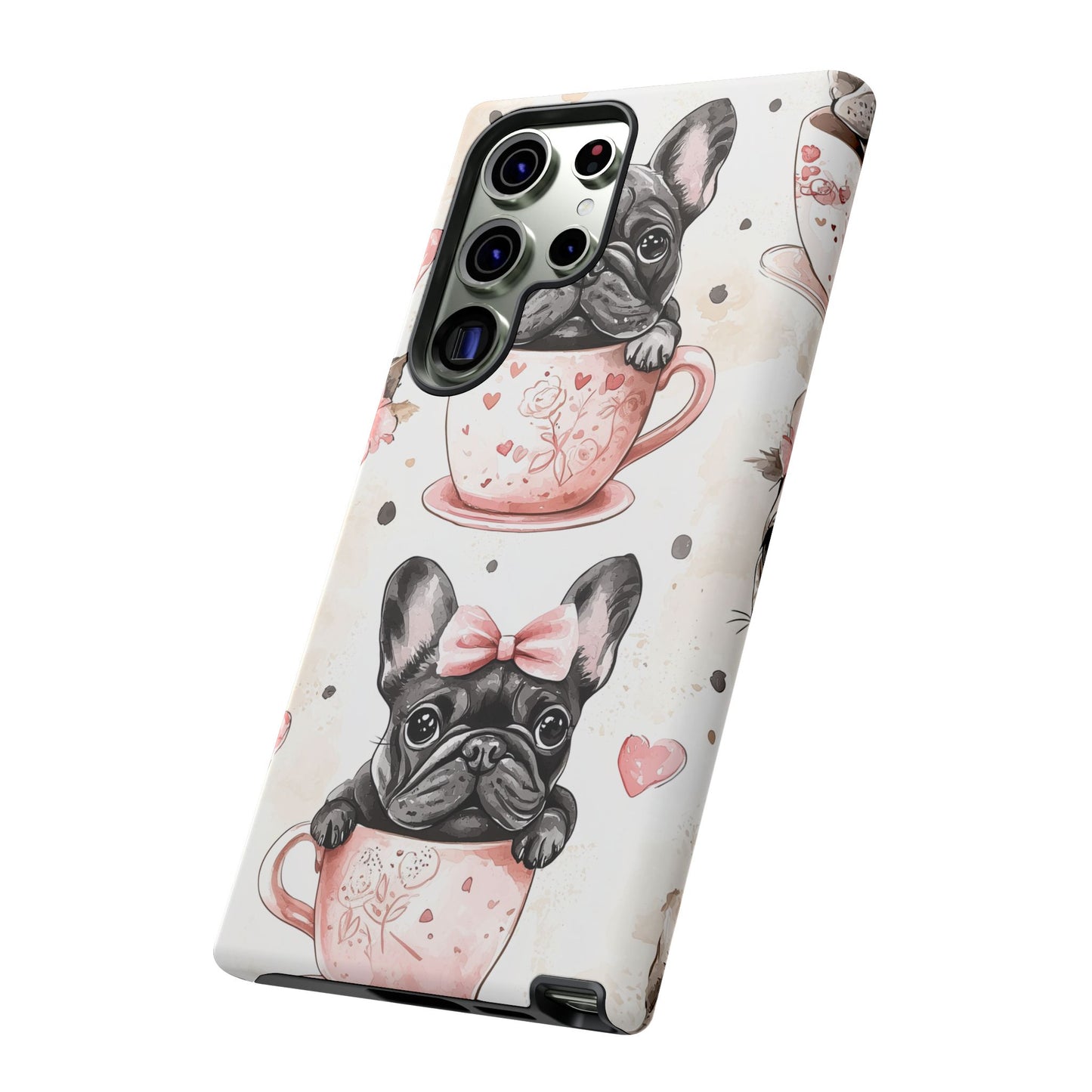 French Bulldogs in Teacups Samsung Galaxy Case – Cute Dog Design with Hearts & Bows, Shockproof & Slim