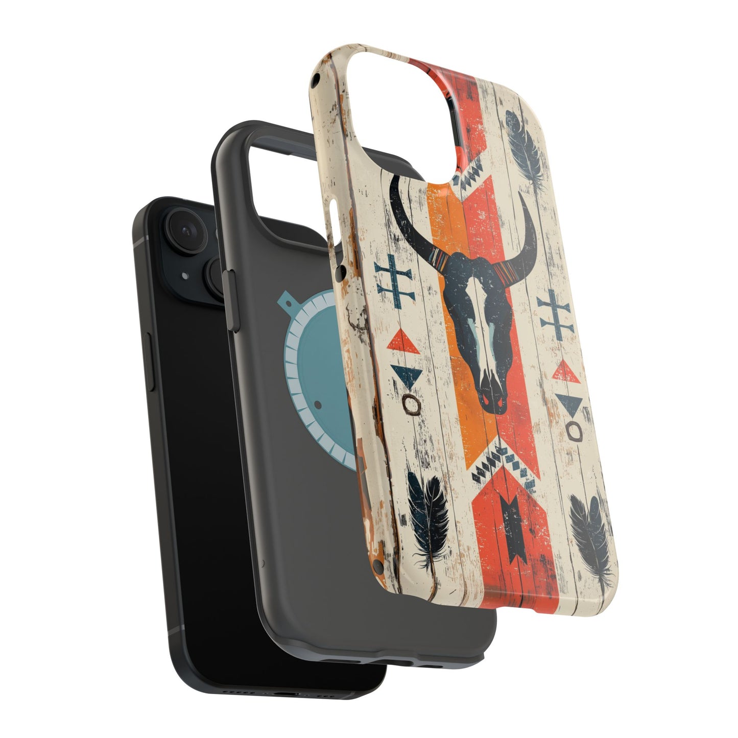 Rustic Western Bull Skull Tough MagSafe iPhone Case – Distressed Wood Design, Dual-Layer Protection