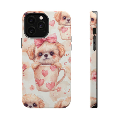 Adorable Puppy in Teacup MagSafe iPhone Case – Tough, Dual-Layer Protection with Cute Pink Bow Design