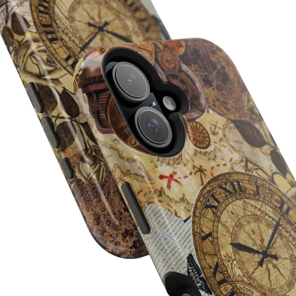 Steampunk Vintage Adventure MagSafe iPhone Case – Dual-Layer Protection with Antique Map and Clock Design