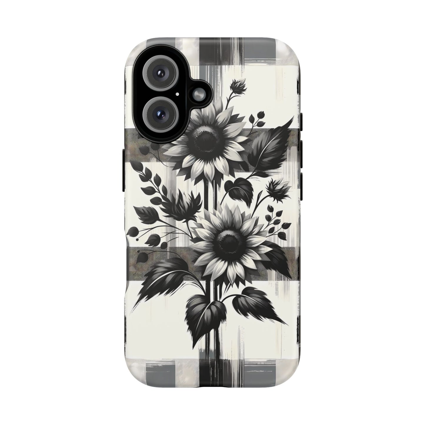 Black/White Sunflower Plaid Phone Case - Chic Noir Sunflower Plaid - Premium Protective Phone Case For iPhone, Samsung Galaxy, & Google. - BOGO Cases